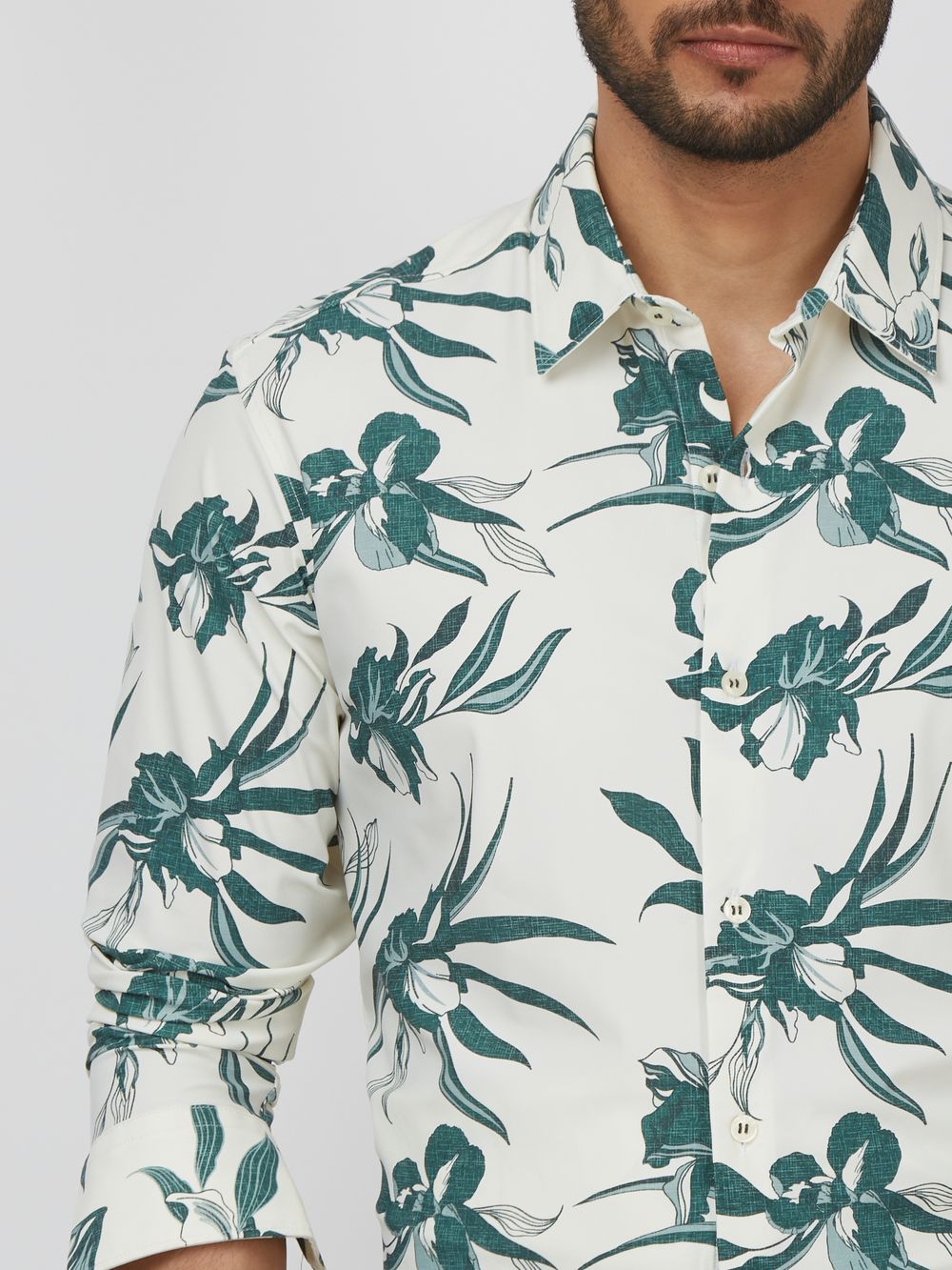 Green Floral Print Stretch Slim Fit Casual Shirt