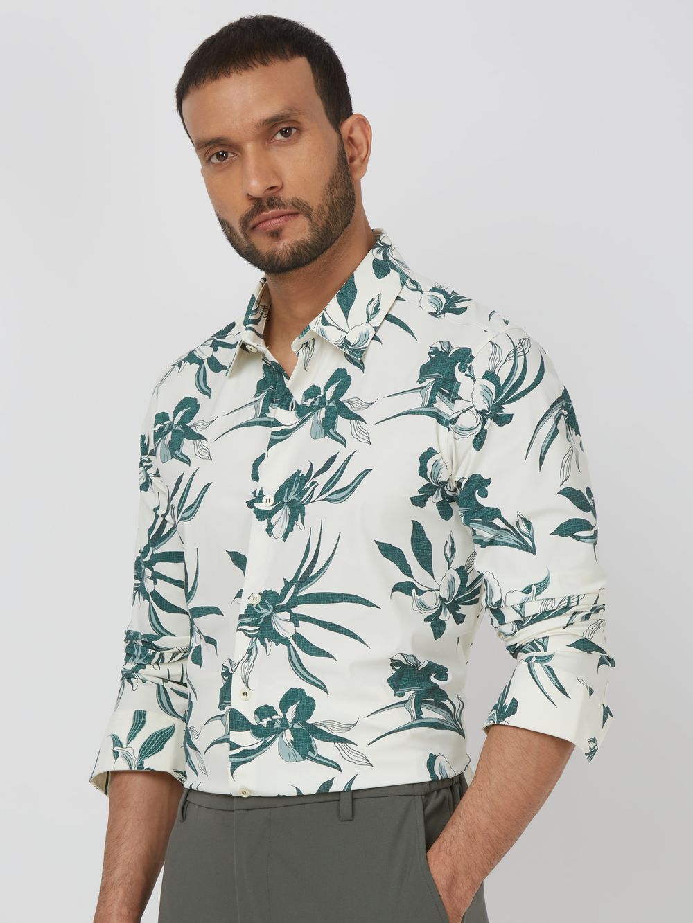 Green Floral Print Stretch Slim Fit Casual Shirt