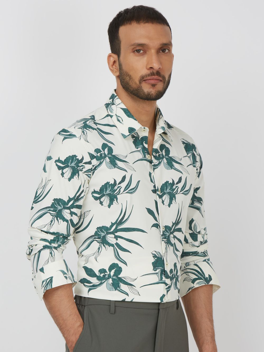 Green Floral Print Stretch Slim Fit Casual Shirt