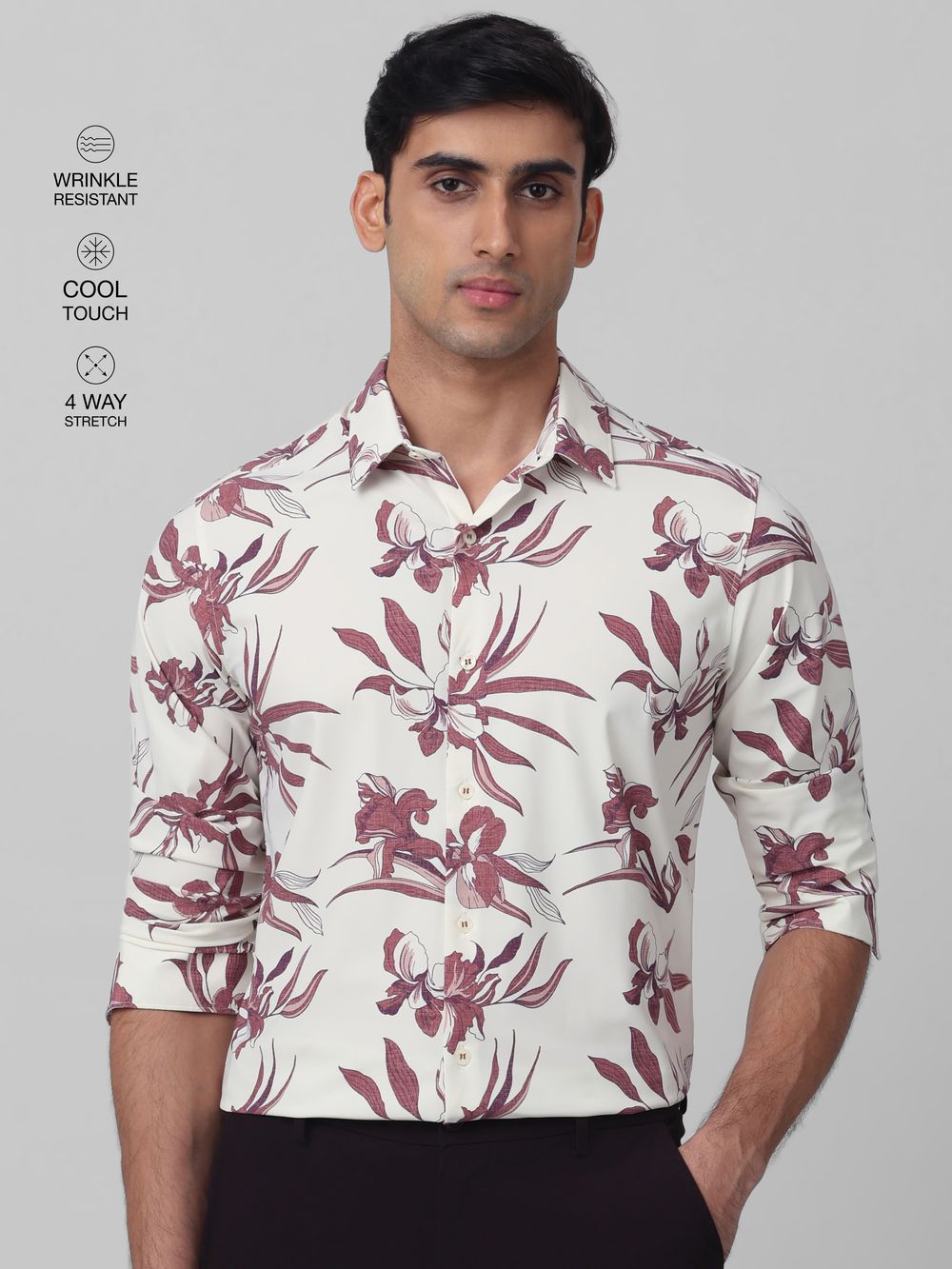 Maroon Floral Print Stretch Slim Fit Casual Shirt