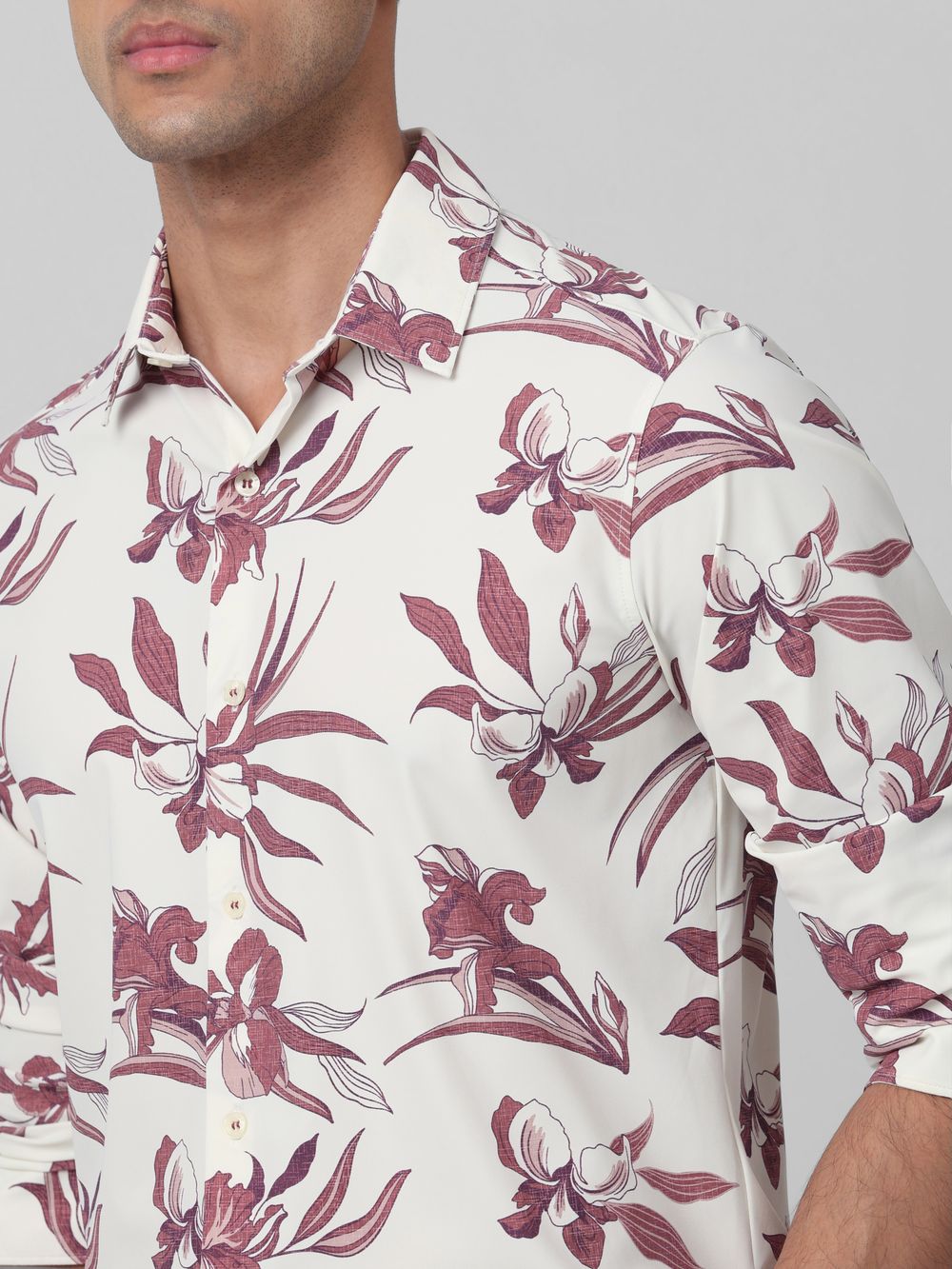 Maroon Floral Print Stretch Slim Fit Casual Shirt