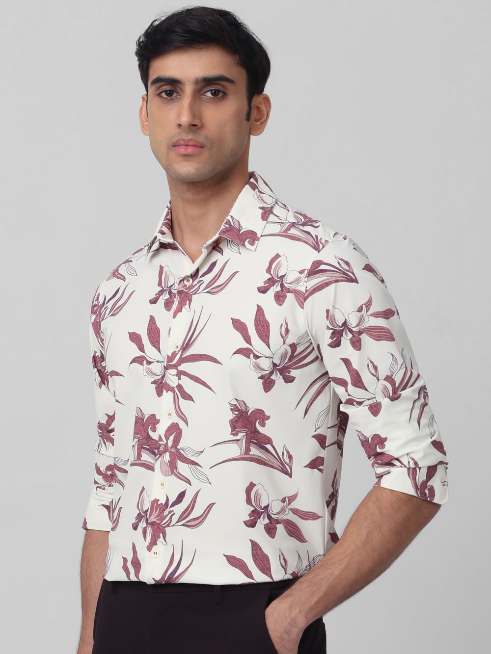 Maroon Floral Print Stretch Slim Fit Casual Shirt