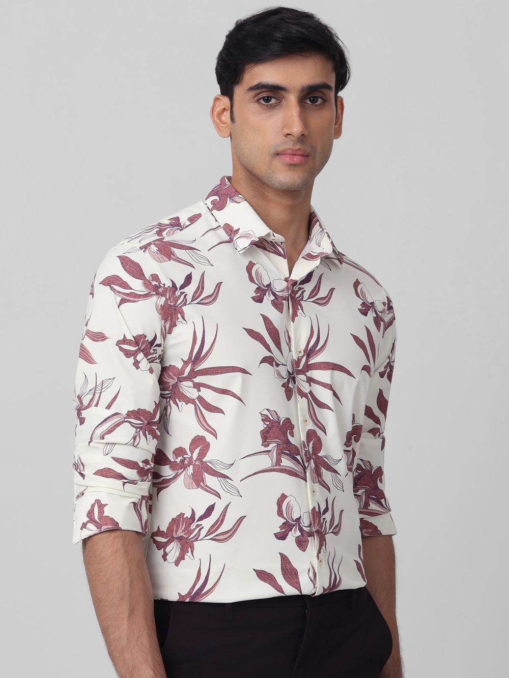 Maroon Floral Print Stretch Slim Fit Casual Shirt