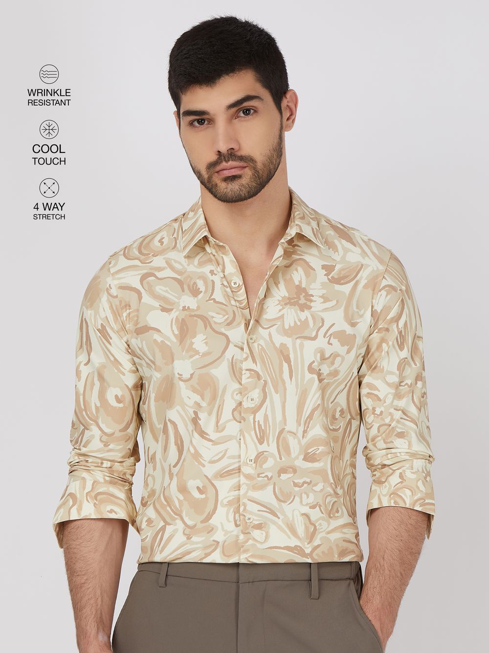 Beige Floral Print Stretch Slim Fit Casual Shirt