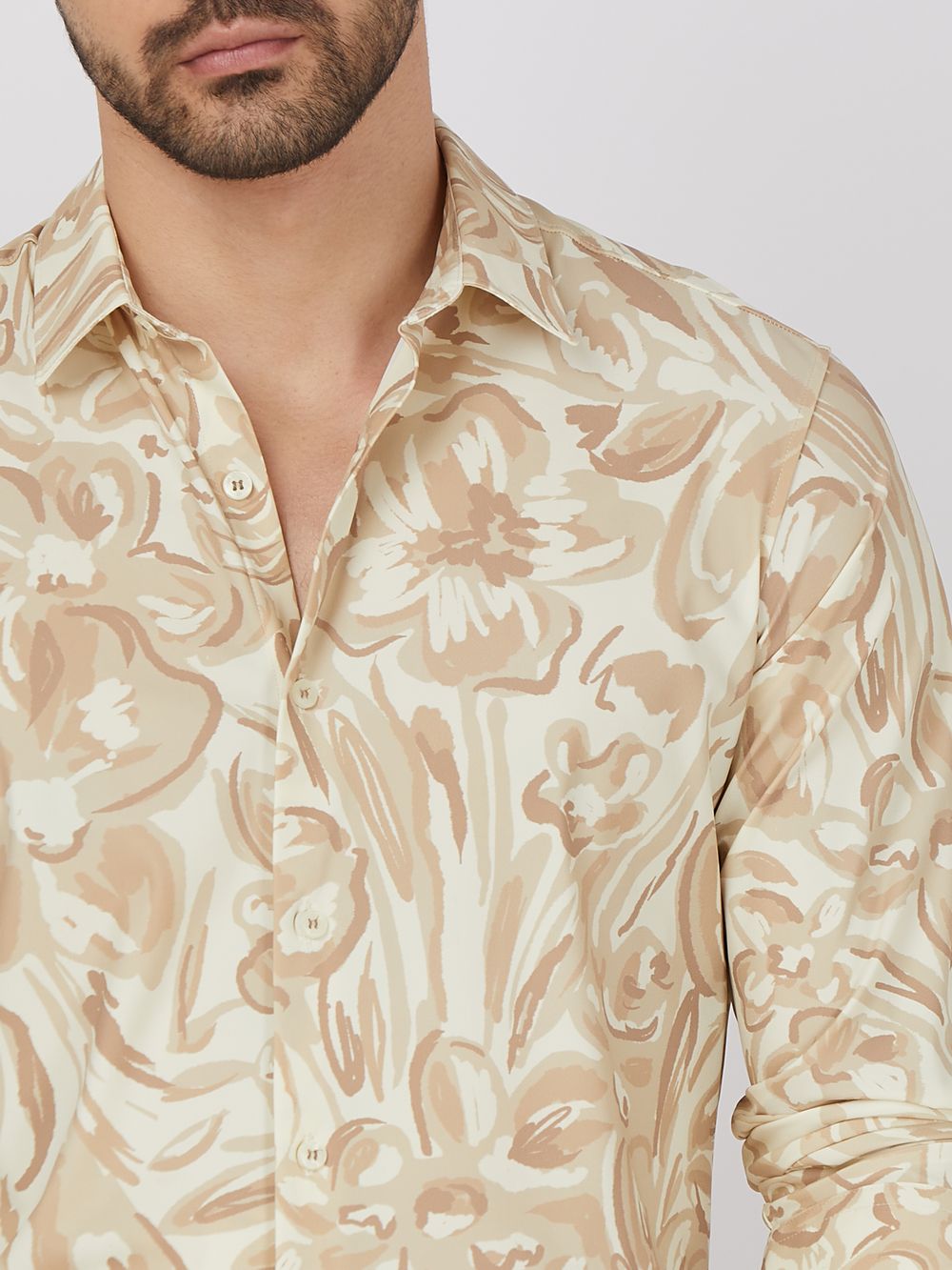 Beige Floral Print Stretch Slim Fit Casual Shirt