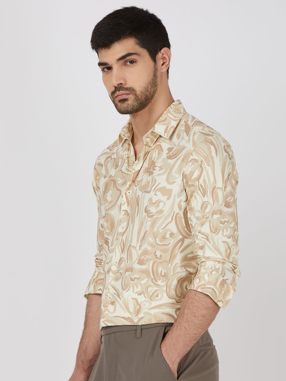Beige Floral Print Stretch Slim Fit Casual Shirt