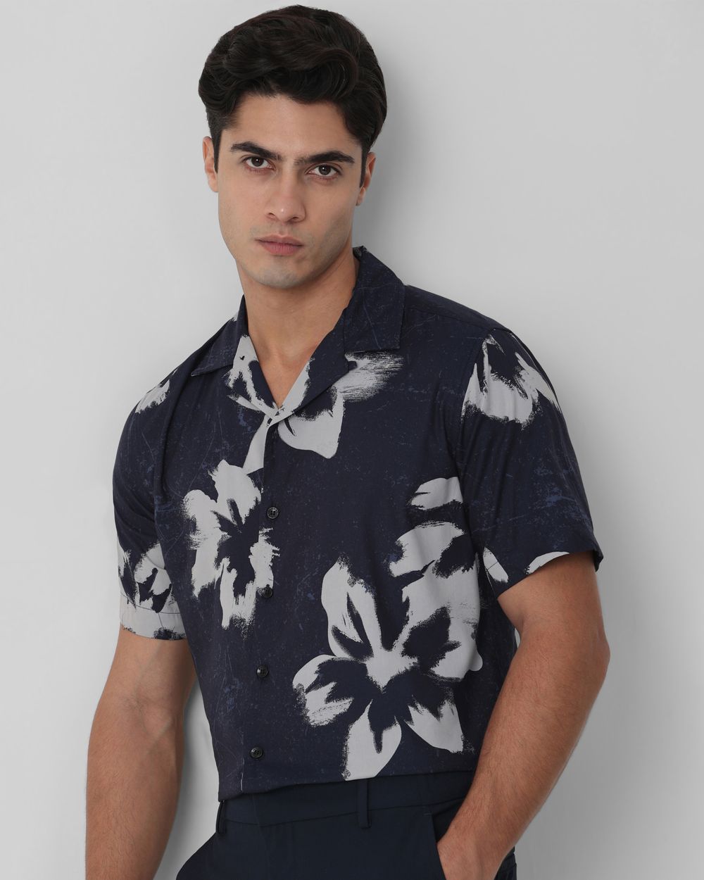 Navy Floral Print Relaxed Fit Casual Shirt