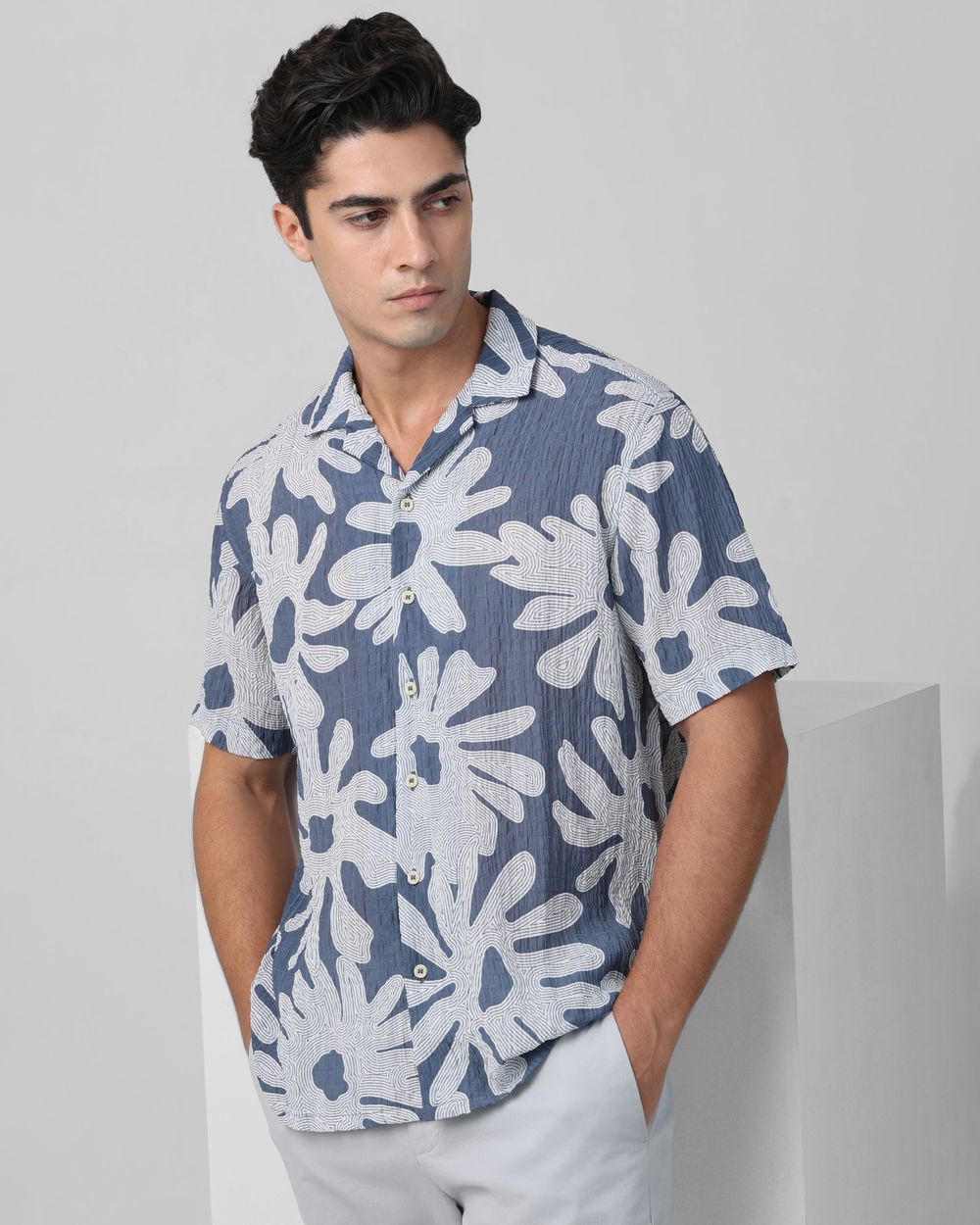 Blue Floral Print Relaxed Fit Casual Shirt
