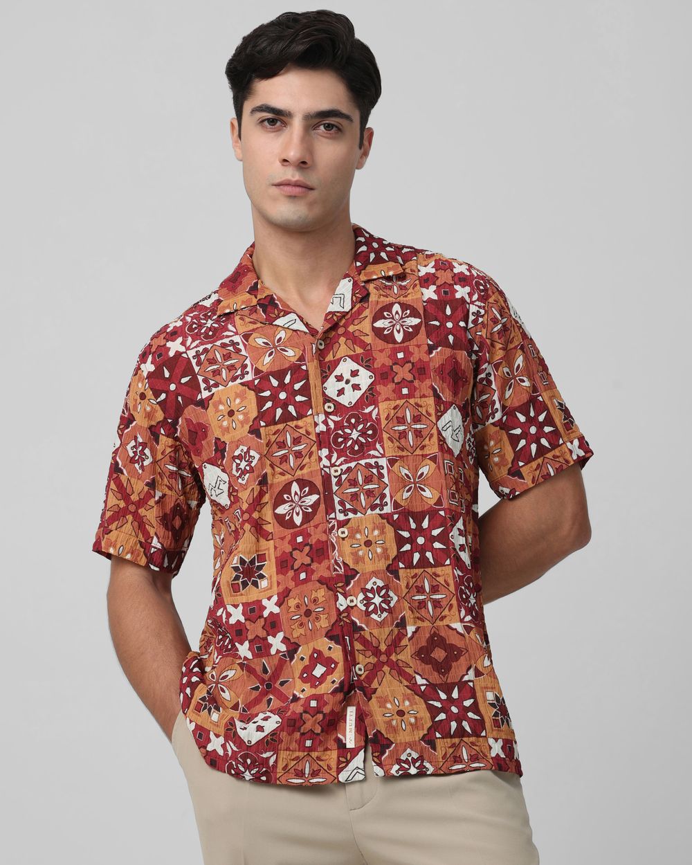Rust Tile Print Relaxed Fit Casual Shirt