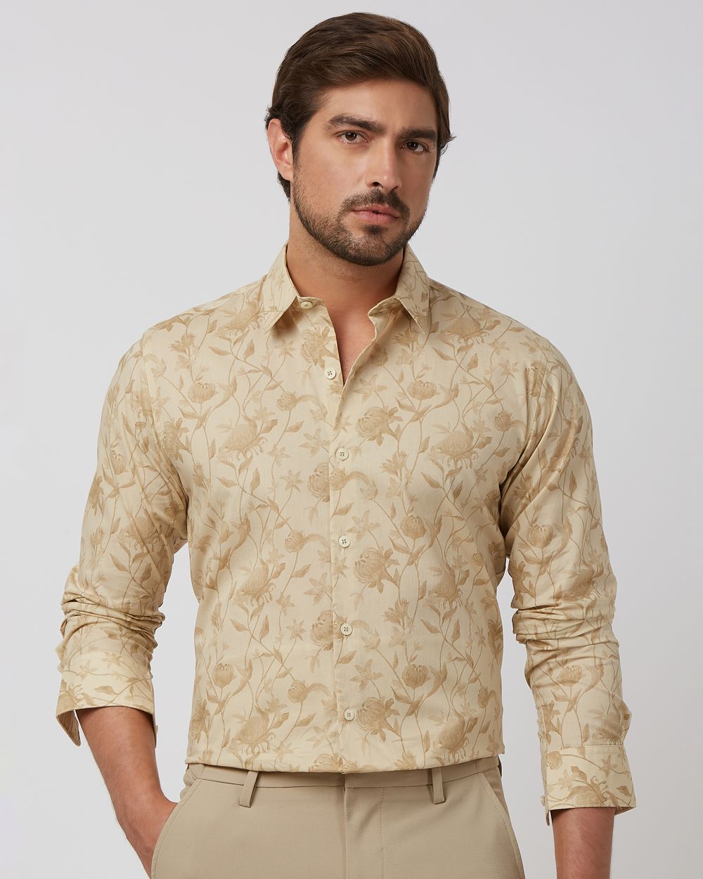 Beige Floral Print Slim Fit Casual Shirt