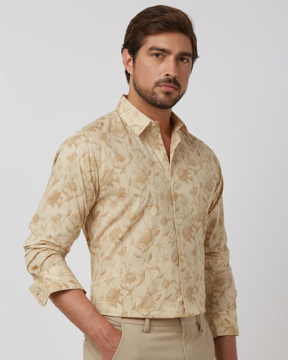 Beige Floral Print Slim Fit Casual Shirt
