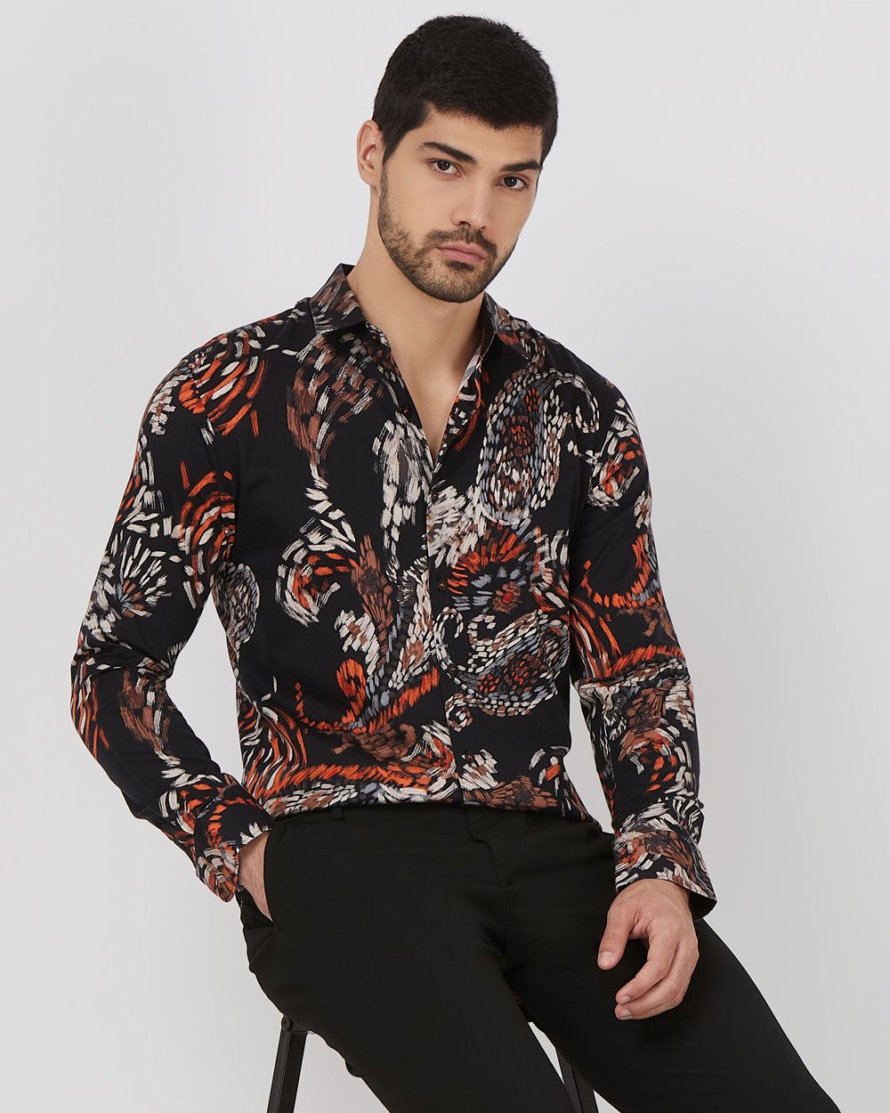 Black Digital Print Slim Fit Casual Shirt