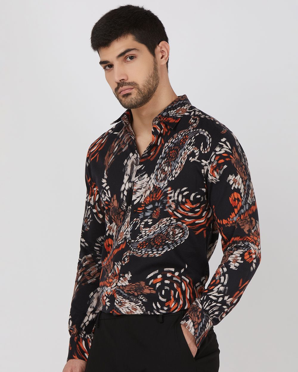 Black Digital Print Slim Fit Casual Shirt