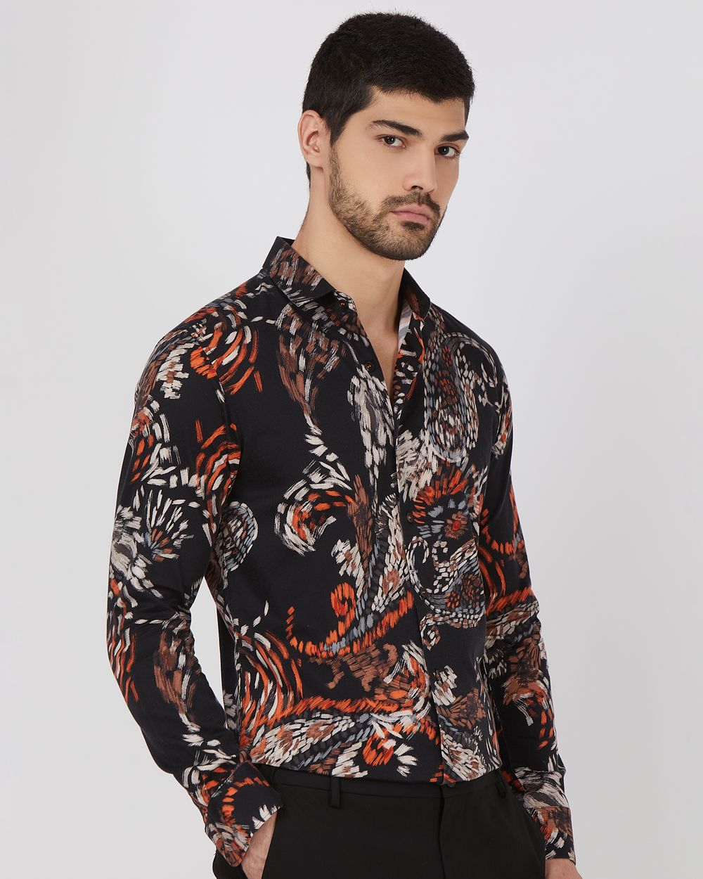 Black Digital Print Slim Fit Casual Shirt