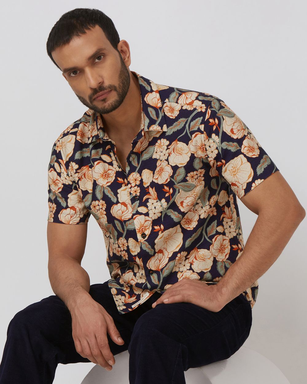 Navy Floral Print Slim Fit Casual Shirt