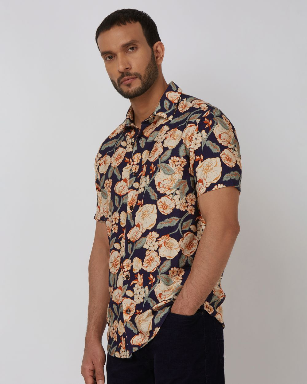Navy Floral Print Slim Fit Casual Shirt