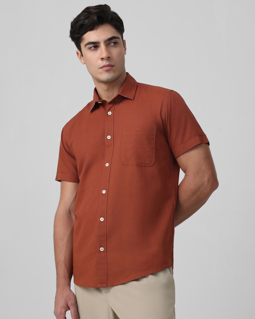 Rust Cotton Linen Plain Slim Fit Casual Shirt