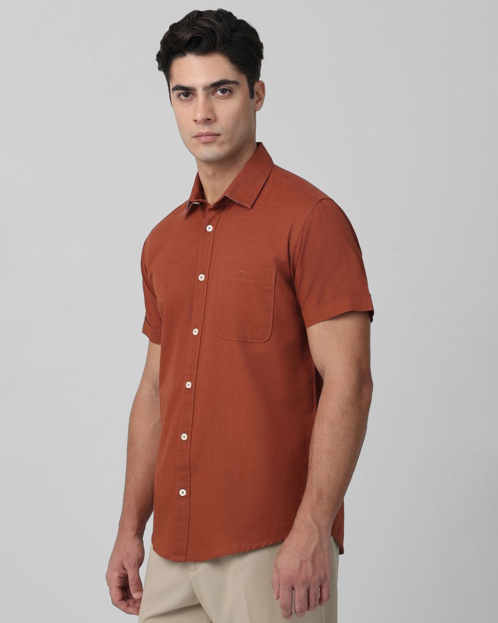Rust Cotton Linen Plain Slim Fit Casual Shirt