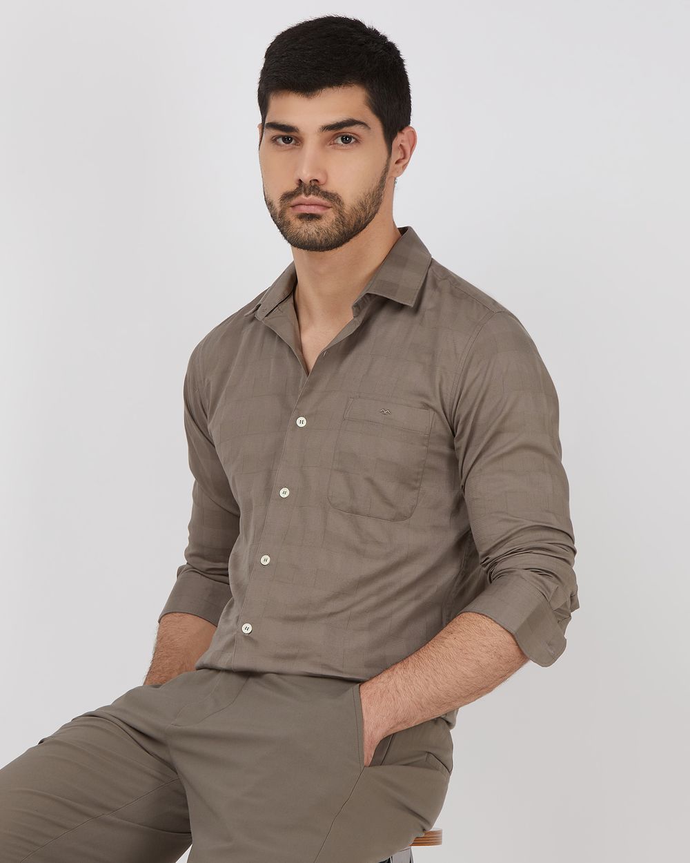 Grey Textured Check Slim Fit Casual Shirt