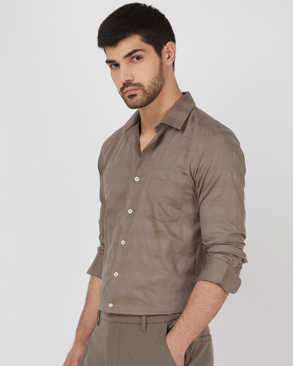 Grey Textured Check Slim Fit Casual Shirt