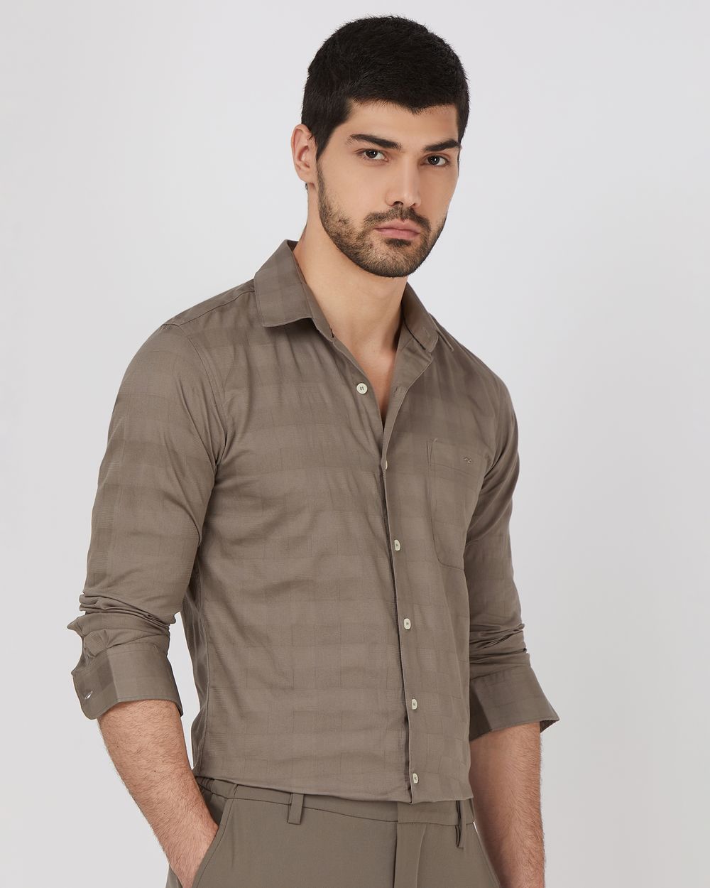 Grey Textured Check Slim Fit Casual Shirt