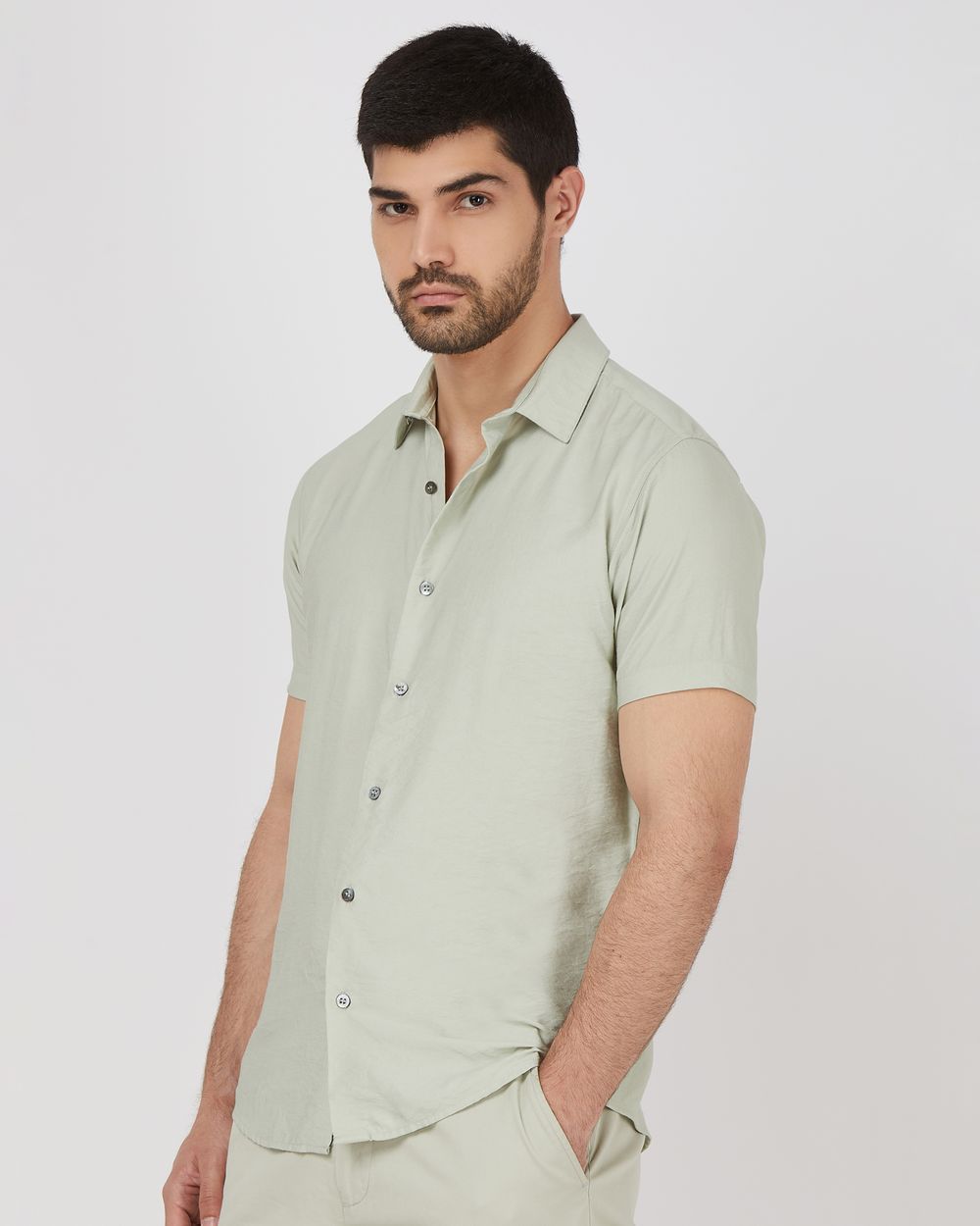 Light Green Textured Plain Slim Fit Casual Shirt