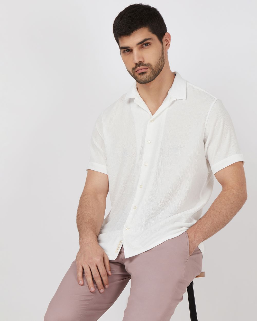 White Textured Plain Relaxed Fit Casual Shirt