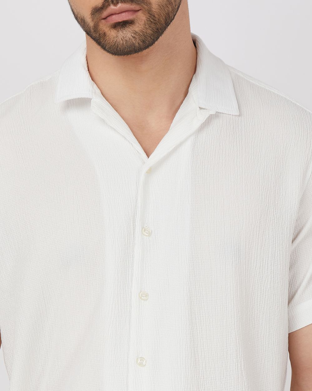 White Textured Plain Relaxed Fit Casual Shirt