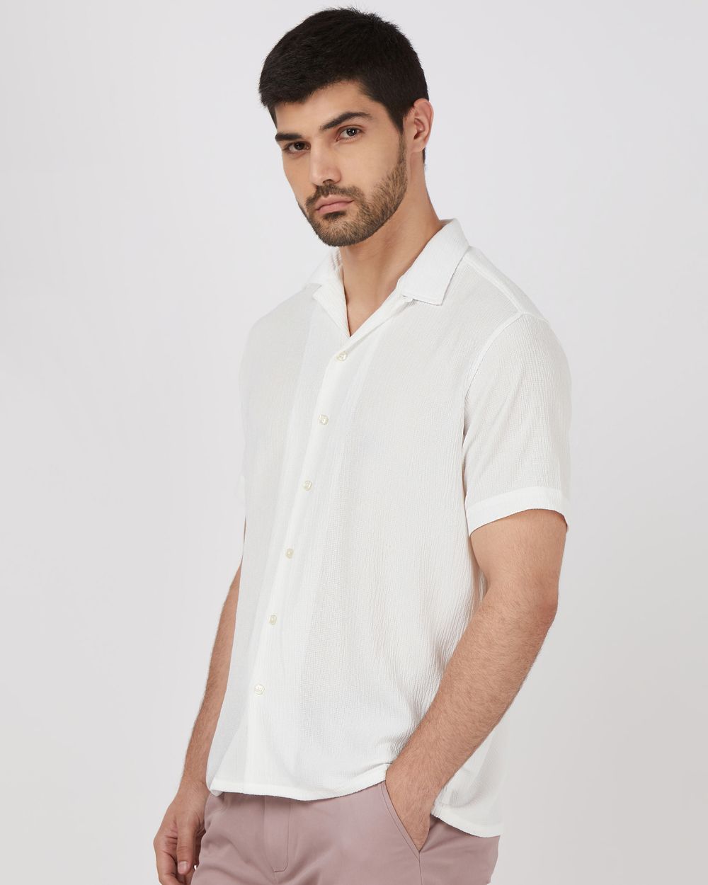 White Textured Plain Relaxed Fit Casual Shirt