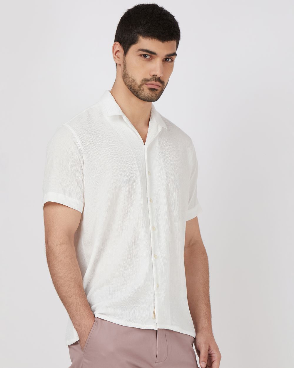 White Textured Plain Relaxed Fit Casual Shirt
