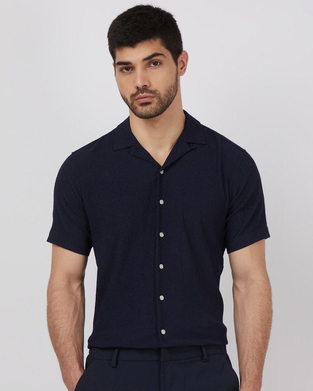 Navy Textured Plain Relaxed Fit Casual Shirt