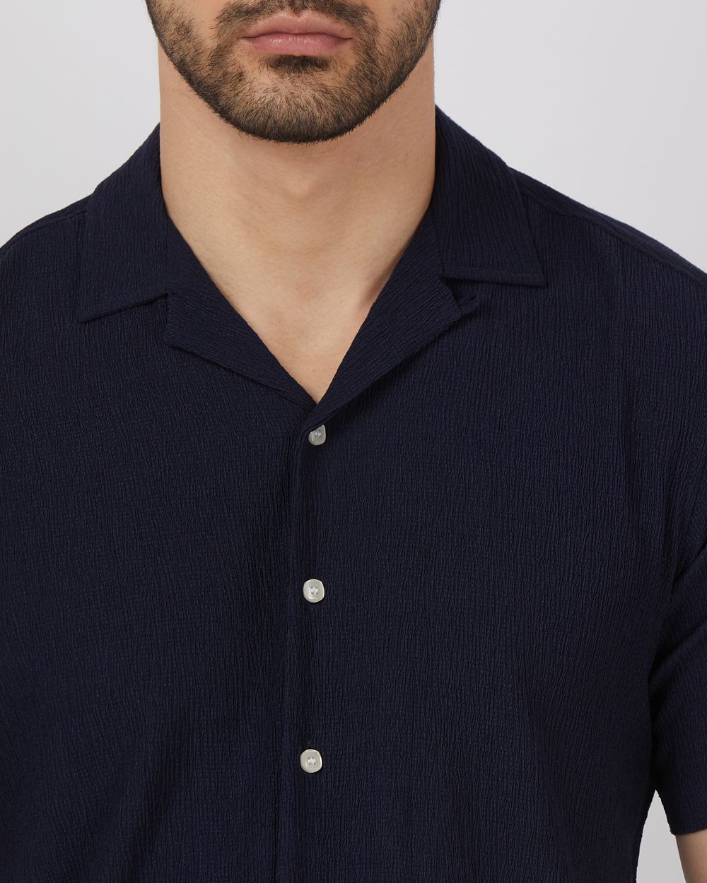 Navy Textured Plain Relaxed Fit Casual Shirt