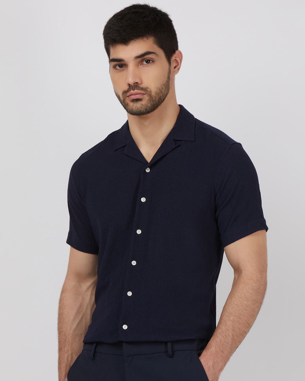 Navy Textured Plain Relaxed Fit Casual Shirt