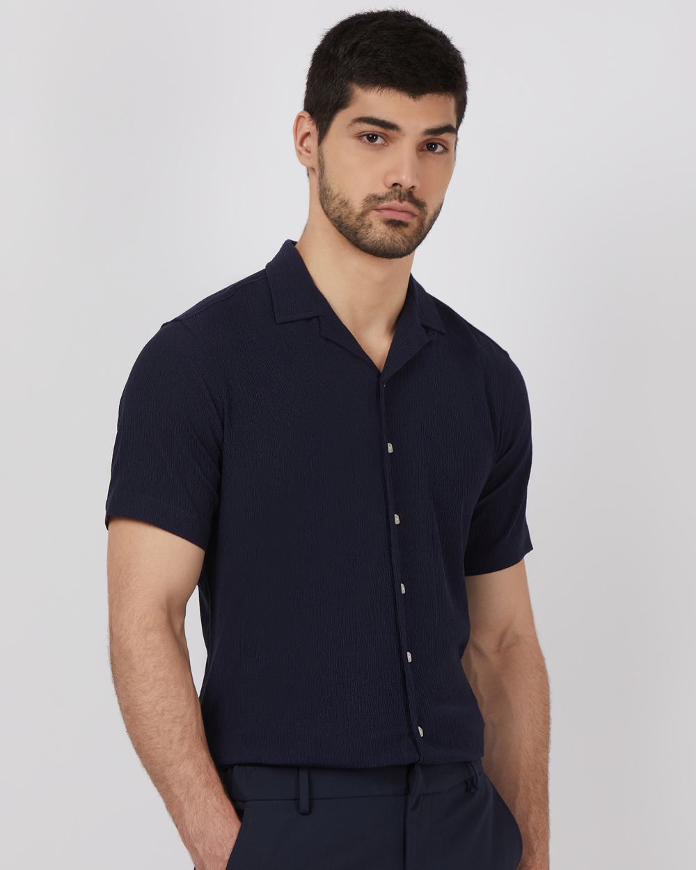 Navy Textured Plain Relaxed Fit Casual Shirt