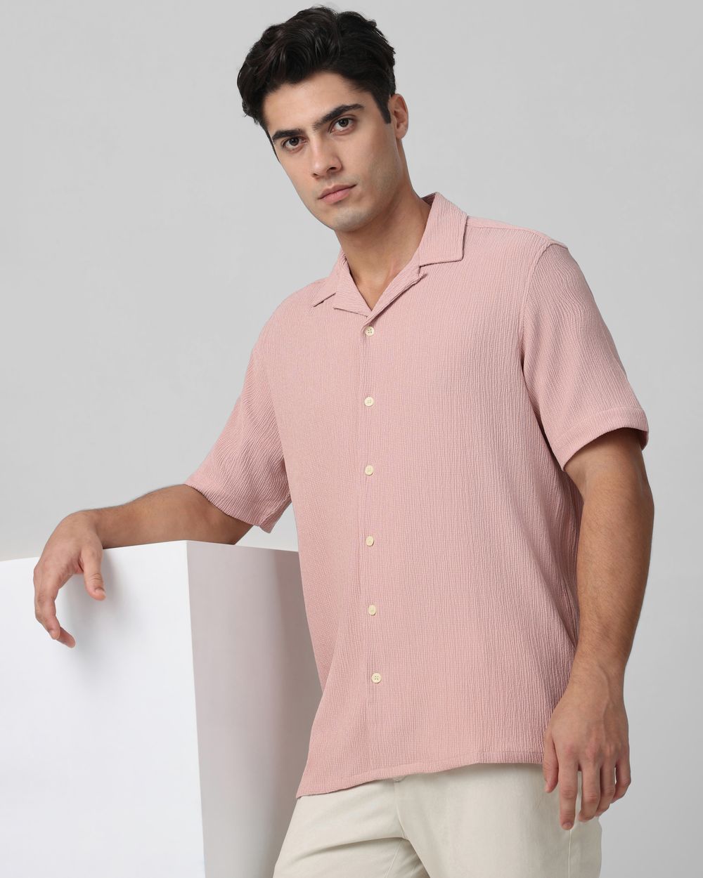 Pink Textured Plain Relaxed Fit Casual Shirt