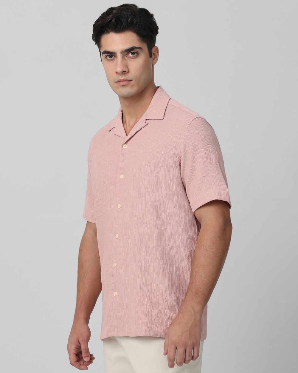 Pink Textured Plain Relaxed Fit Casual Shirt