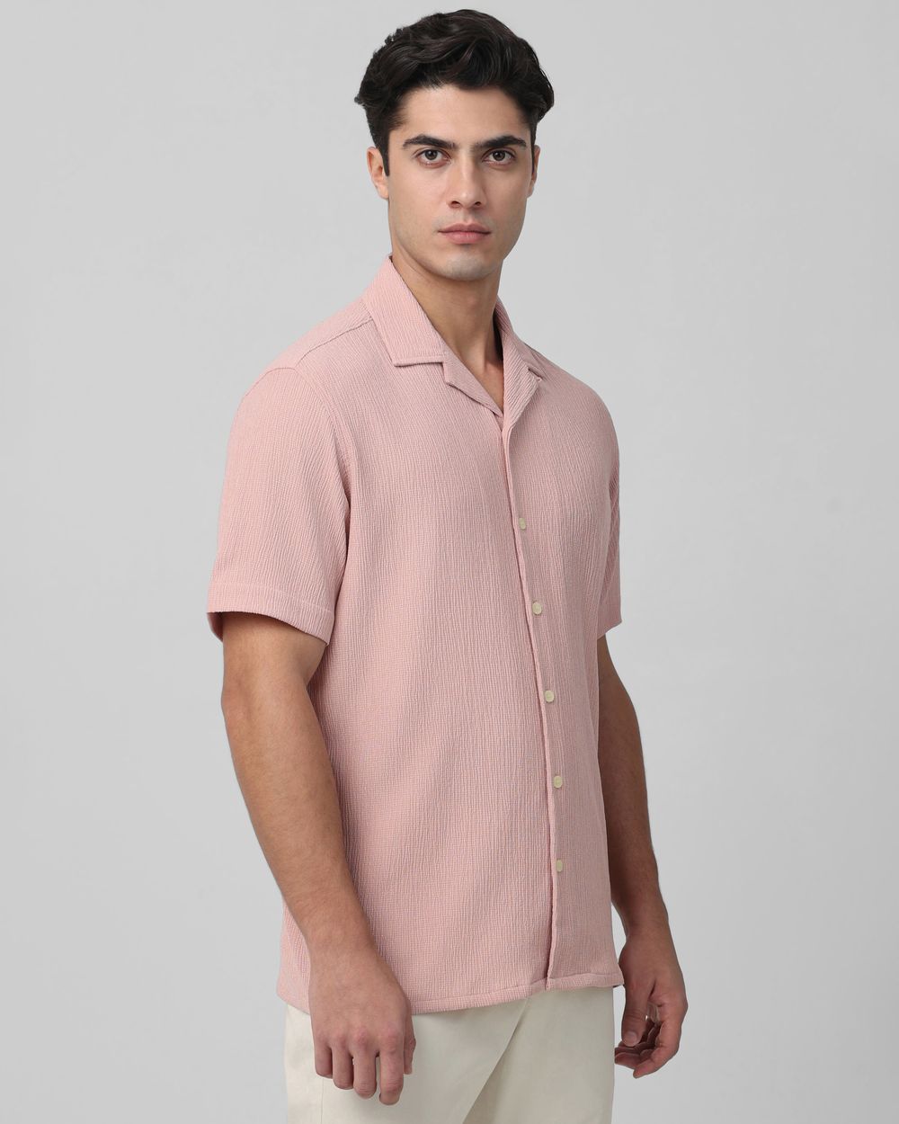 Pink Textured Plain Relaxed Fit Casual Shirt