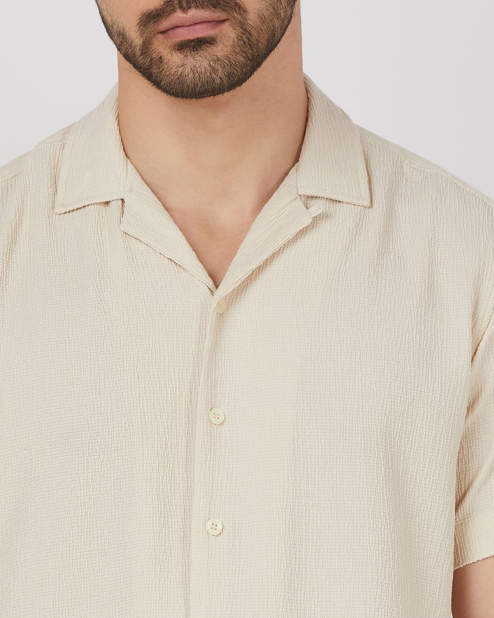 Beige Textured Plain Relaxed Fit Casual Shirt