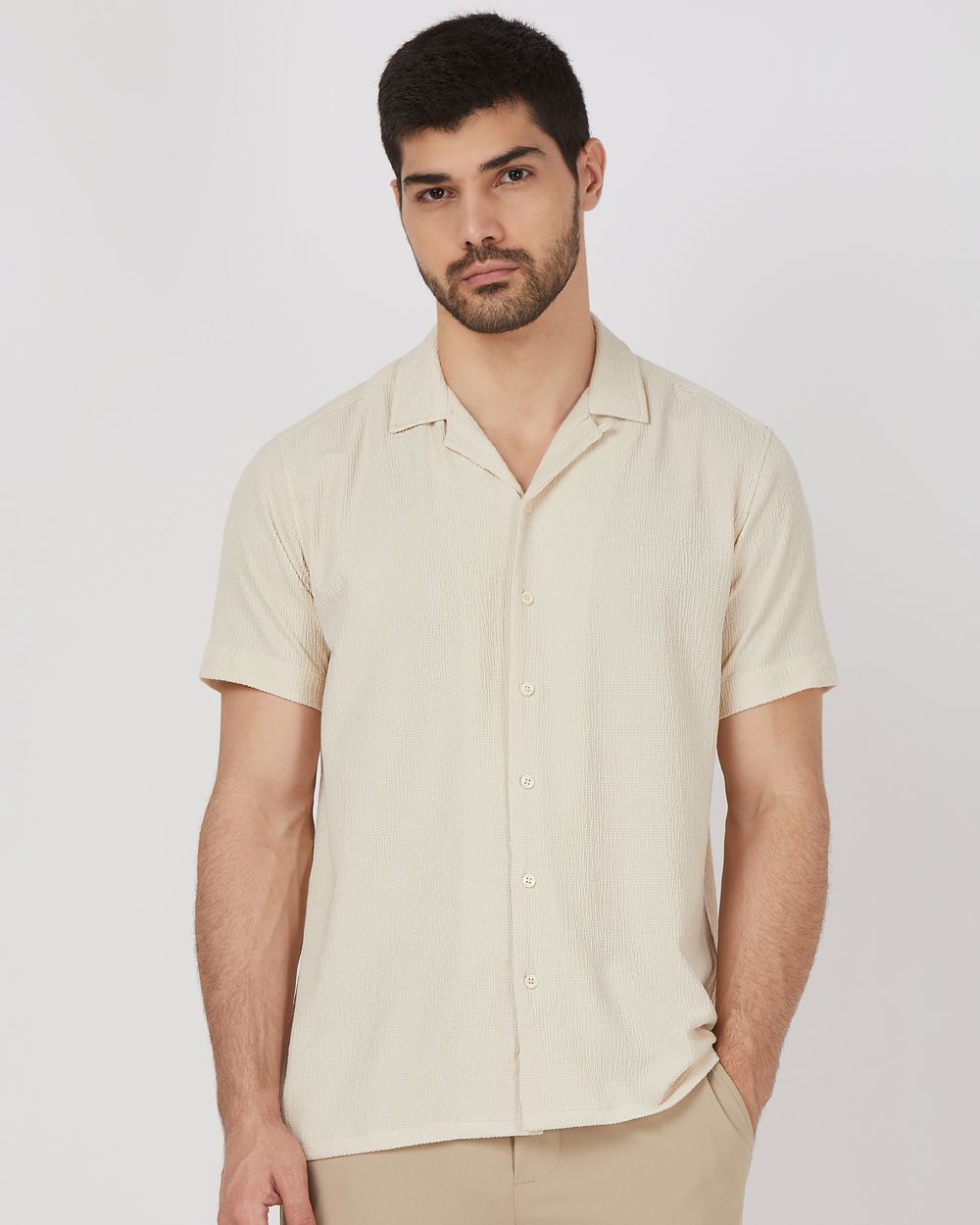 Beige Textured Plain Relaxed Fit Casual Shirt