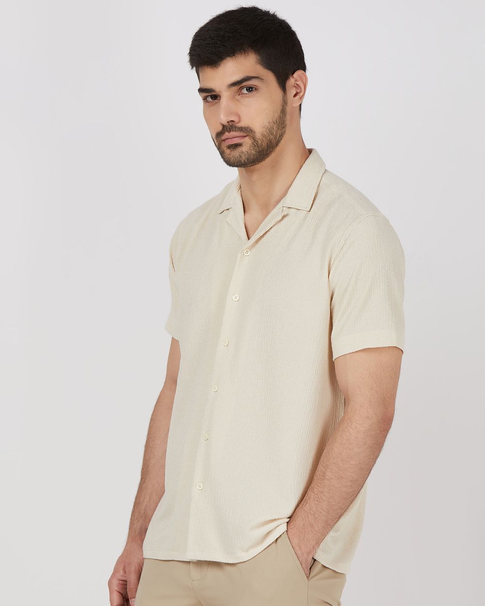 Beige Textured Plain Relaxed Fit Casual Shirt