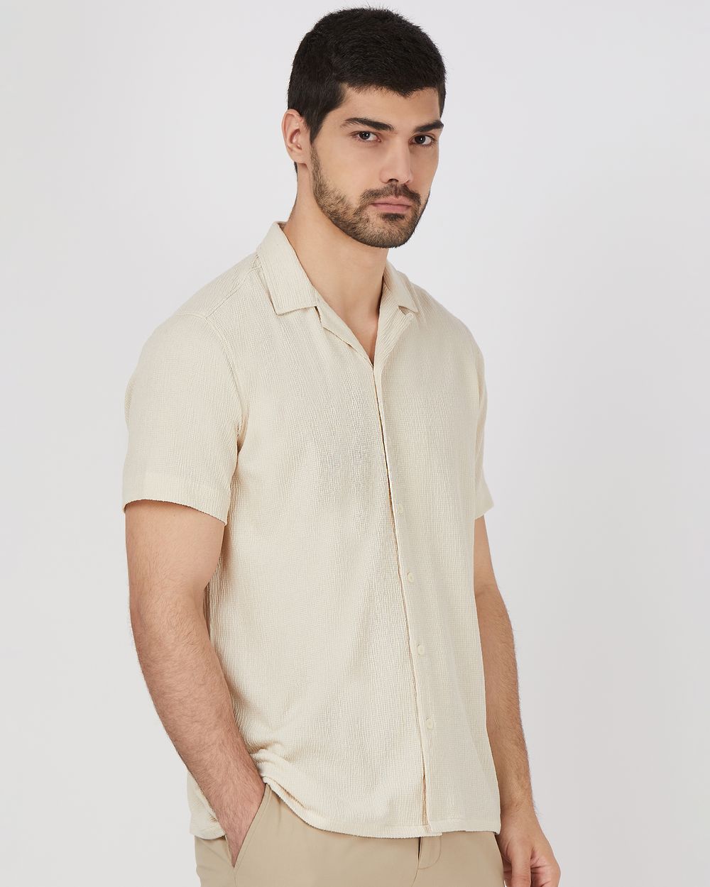 Beige Textured Plain Relaxed Fit Casual Shirt