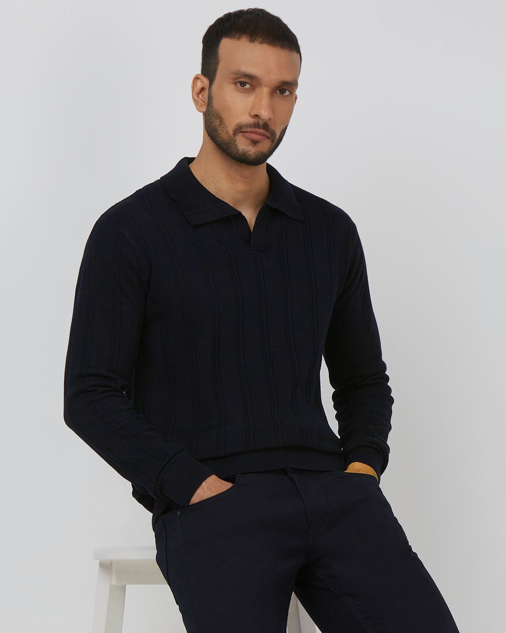 Navy Long Sleeve Flatknit Slim Fit Polo