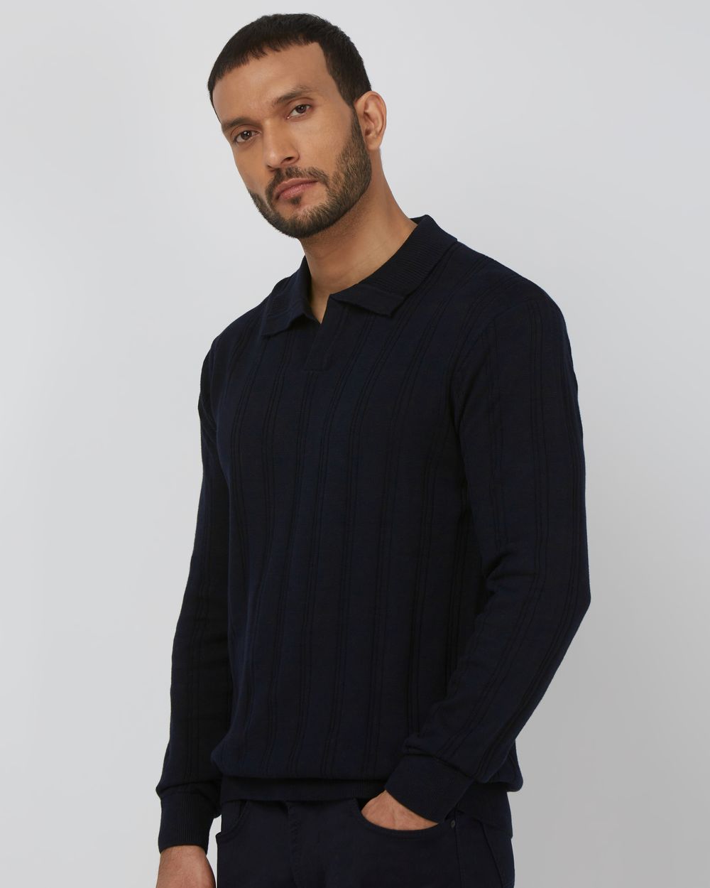 Navy Long Sleeve Flatknit Slim Fit Polo