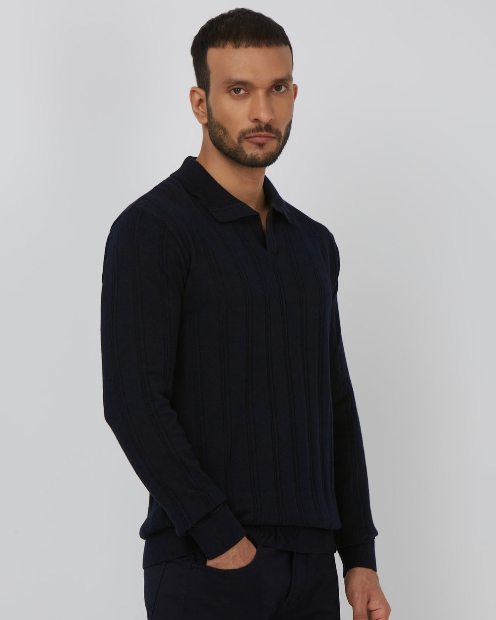 Navy Long Sleeve Flatknit Slim Fit Polo