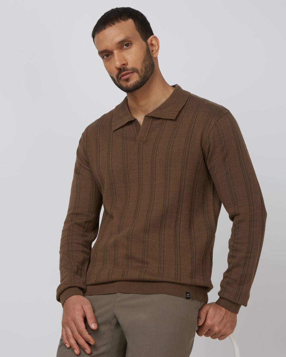 Brown Long Sleeve Flatknit Slim Fit Polo