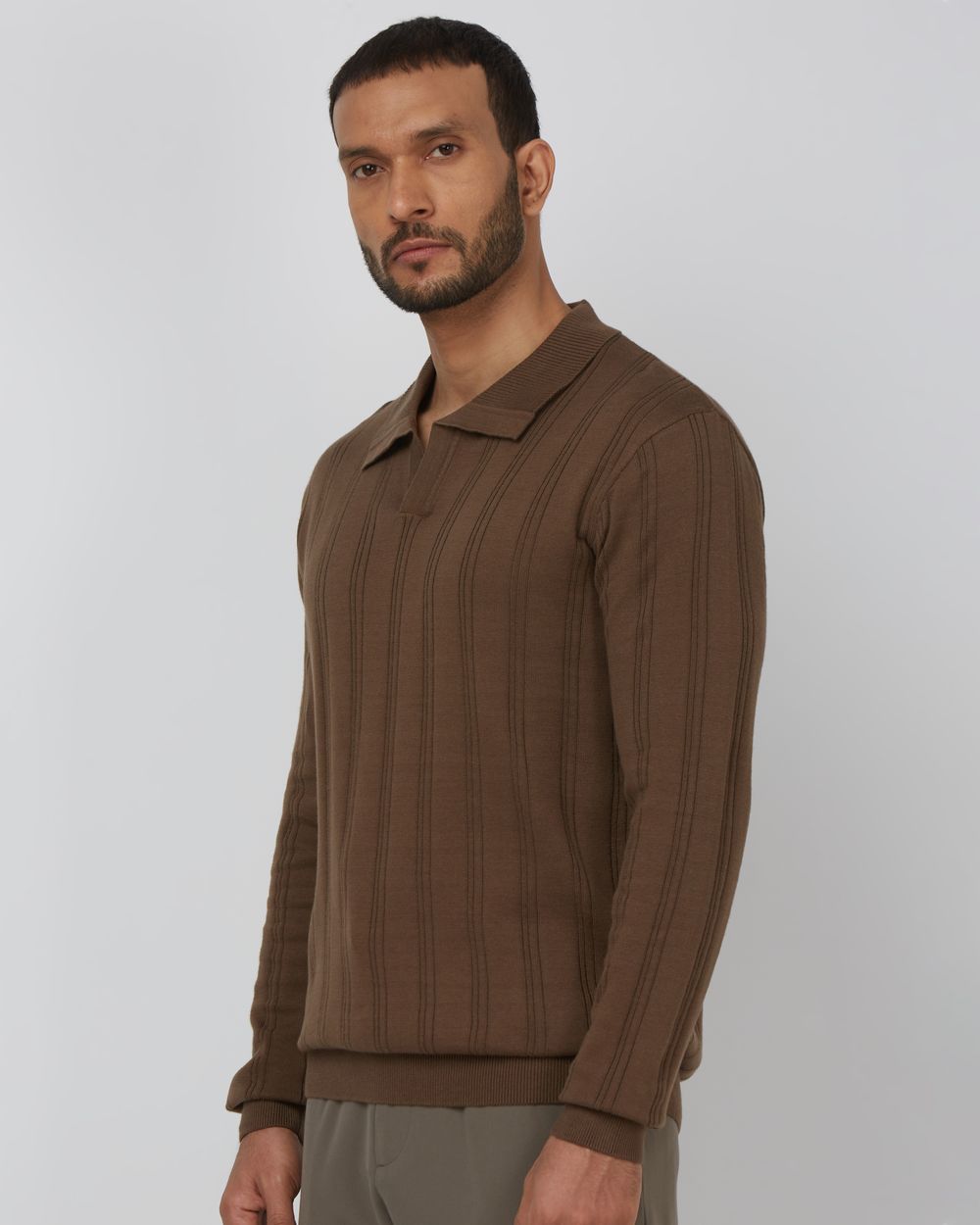 Brown Long Sleeve Flatknit Slim Fit Polo