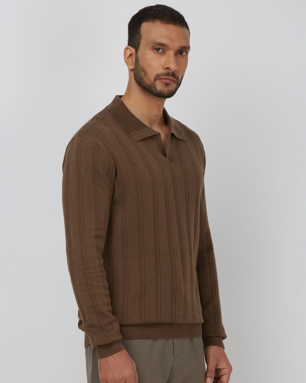 Brown Long Sleeve Flatknit Slim Fit Polo