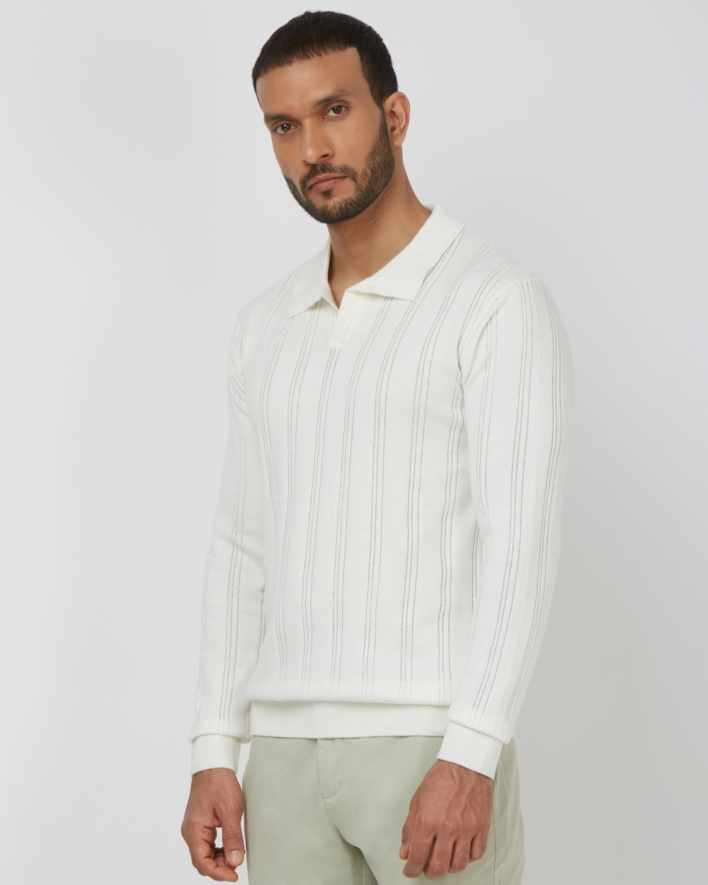Off White Long Sleeve Flatknit Slim Fit Polo
