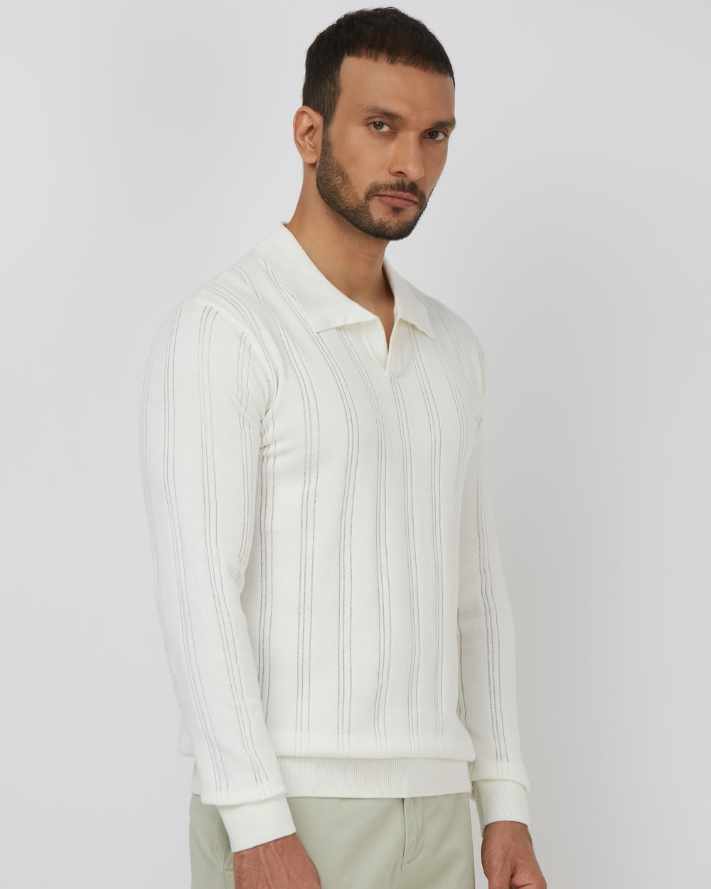 Off White Long Sleeve Flatknit Slim Fit Polo