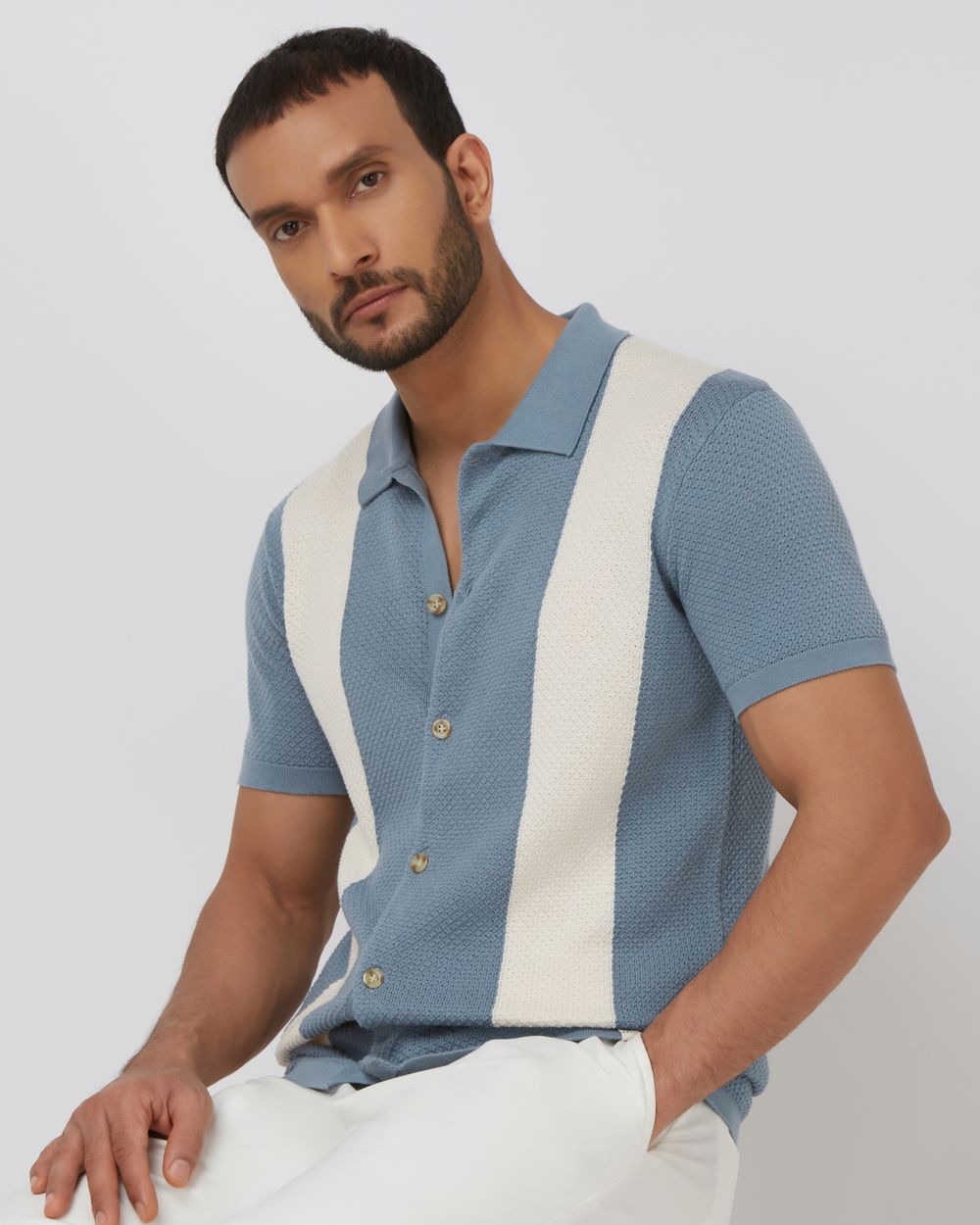 Blue Grey Flatknit Slim Fit Polo T-Shirt